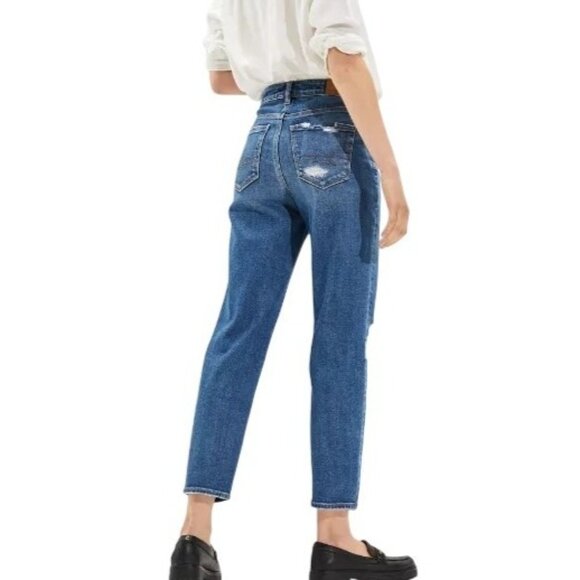 AE Stretch Mom Straight Jean Medium Distressed Wash Size 00 - Picture 2 of 9